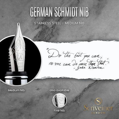 Scriveiner Stainless Steel Fountain Pen - Stunning Luxury Pen with Steel Finish, Schmidt Steel Nib (Medium), Pen Gift Set for Men & Women, Professional, Executive Office, Nice Designer Pens