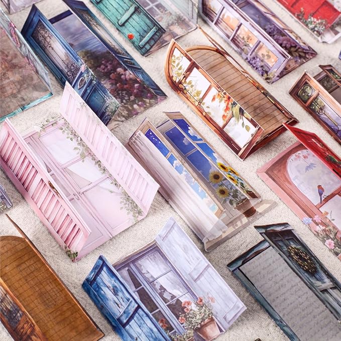 60 PCS Vintage Paper Window Scrapbook Stickers, Aesthetic Decorative Sticker for Scrapbooking Supplies Junk Journal Card Making Handmade DIY Paper Craft Decoration, Journaling Collage Kit Pop-up