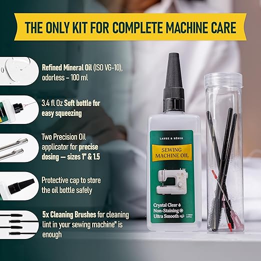 Lange & König 3.4 Oz Sewing Machine Oil Set Including 1" & 1.5" Precision Oil Applicators & 5X Specialized Deep Cleaning Brushes - Sewing Supplies, Sewing Products (Crystal Clear)