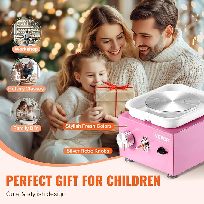 VEVOR Mini Pottery Wheel for Kids & Adults Beginners, 2 Turntables 2.6in/3.9in & Two-Way Rotation, Adjustable Speed, Complete Pottery Kit with 18 Accessories for Girls Birthday Christmas Gifts, Pink