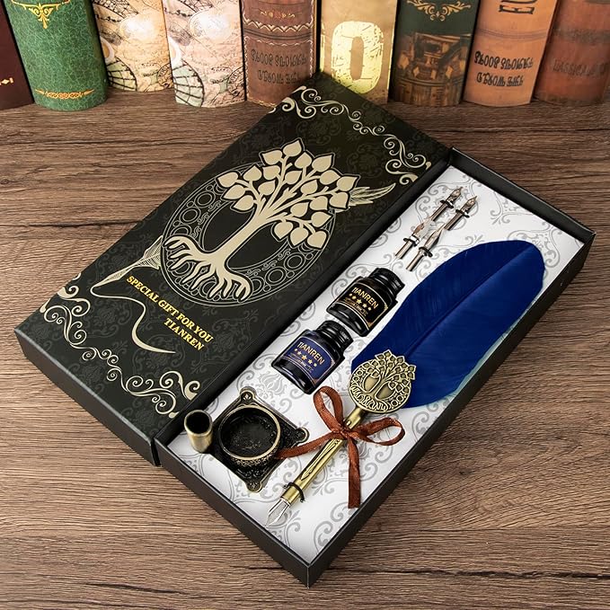 TIANREN Quill pen ink set,Feather Pen and Ink Set,Antique Calligraphy Pen with 4 Replaceable Nibs,2 Bottle of ink,Feather Dip Pen Holder Christmas Gift for Men&Women.(Blue)
