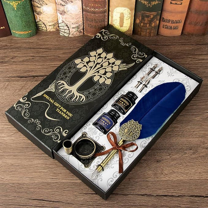 TIANREN Quill pen ink set,Feather Pen and Ink Set,Antique Calligraphy Pen with 4 Replaceable Nibs,2 Bottle of ink,Feather Dip Pen Holder Christmas Gift for Men&Women.(Blue)