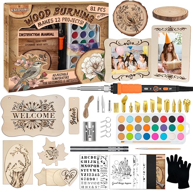 K KERNOWO Wood Burning Kit - 81Pcs All-in-One Wood Burning Tool Pen Adjustable Temperature Wood Burner Kit Crafts Gifts for Adults & Teens, Woodburning Kits for Beginner Pyrography