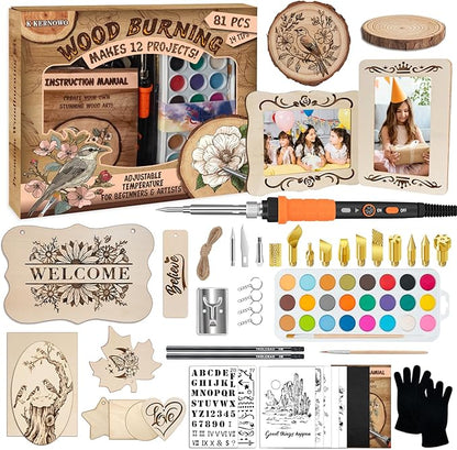 K KERNOWO Wood Burning Kit - 81Pcs All-in-One Wood Burning Tool Pen Adjustable Temperature Wood Burner Kit Crafts Gifts for Adults & Teens, Woodburning Kits for Beginner Pyrography