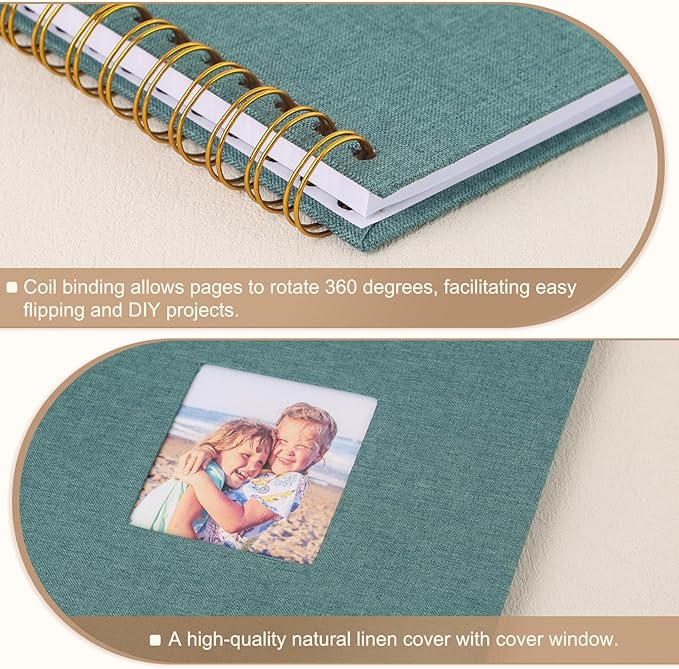 Scrapbook Photo Album 8x8 Inches 40 Pages Hardcover Kraft Paper Linen Cover Scrap Book Memory Book DIY Scrapbook Albums for Wedding Baby Boyfriend Travel Anniversary Family, Green
