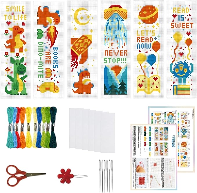 ORIGACH 6 Set Dinosaurs and Aliens Cross Stitch Bookmark Kit for Beginner with Backing Felt Floss Instructions DIY Stamped Embroidery Bookmark Kit for Adults, Book Lovers