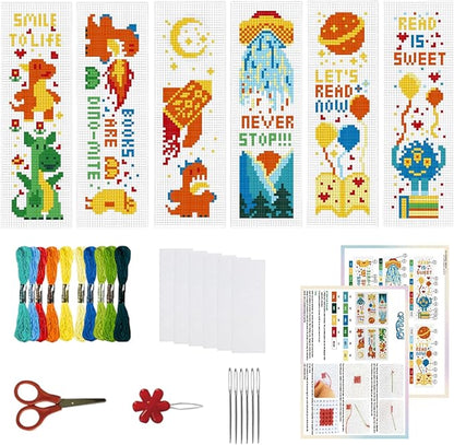 ORIGACH 6 Set Dinosaurs and Aliens Cross Stitch Bookmark Kit for Beginner with Backing Felt Floss Instructions DIY Stamped Embroidery Bookmark Kit for Adults, Book Lovers