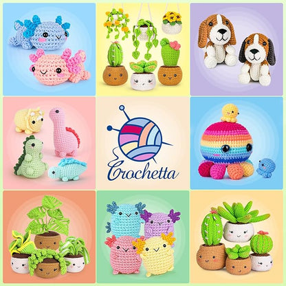 Crochetta Crochet Kit for Beginners, Crochet Starter Kits for Adults, Amigurumi Craft Knitting Crocheting Kits with Step-by-Step Video Tutorials, 6 Pc Hanging Potted Plants Family(40%+ Yarn
