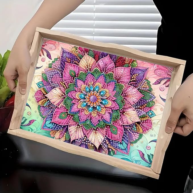 DoxQcs DIY Diamond Art Wooden Tray Kit Easter Food Tray with Handle Diamond Painted Table Decoration Tray for Breakfast Bar Dinner Table Diamond Art Painting for Beginners-#18-Mandala
