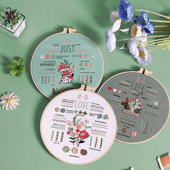Ohcol 3 Sets Embroidery Kit for Beginners Adults,Easy to Learn 33 Different Stitches DIY Kits,Needlepoint Kits for Adult Hand Crafts Includes Stamped Flower Pattern,Instruction,Hoop,Threads,Tools