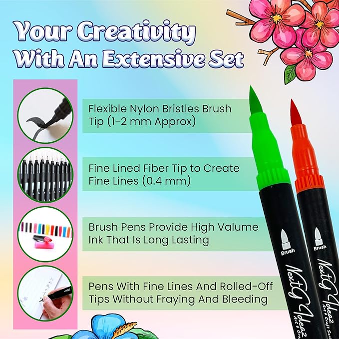 NextG Ideaz Dual Tip Brush Art Marker Pens, 80 Unique Bright Color, Water-Based Ink, Fineliner & Brush Tip Pens for Arts Lovers Coloring Drawing Book, Calligraphy Writing, Sketching and Doodling