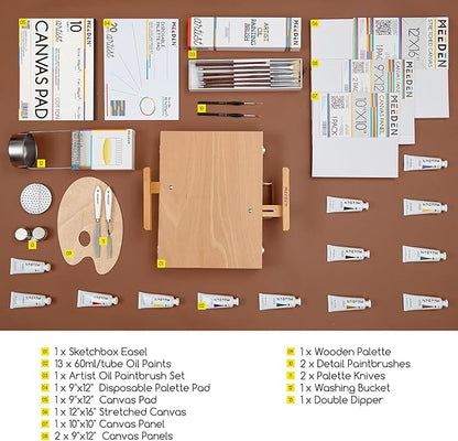 MEEDEN Oil Painting Kit, Painting Sets with Sketch Easel Box, Professional Art Paint Supplies Kit with Paint Brushes, Palette Knives, Canvases for Painting Supplies for Adults