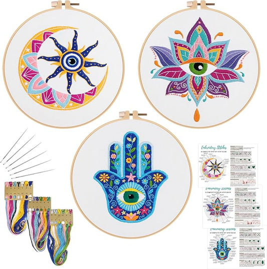 Louise Maelys 3 Set Tarot Evil Eye Embroidery Kits for Beginners,Adults Starter Cross Stitch Kit DIY Needlepoint with Hamsa Hand Sun Moon louts Flower Pattern