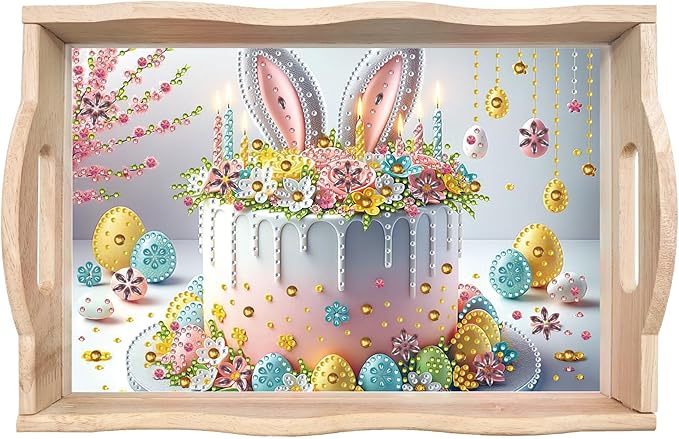 DIY Diamond Art Wooden Tray Kit, Food Tray with Handle Diamond Painted Table Decoration Tray, for Breakfast, Bar Dinner Table Diamond Dots Gem Painting Art Set for Beginners-#42-Easter Cake
