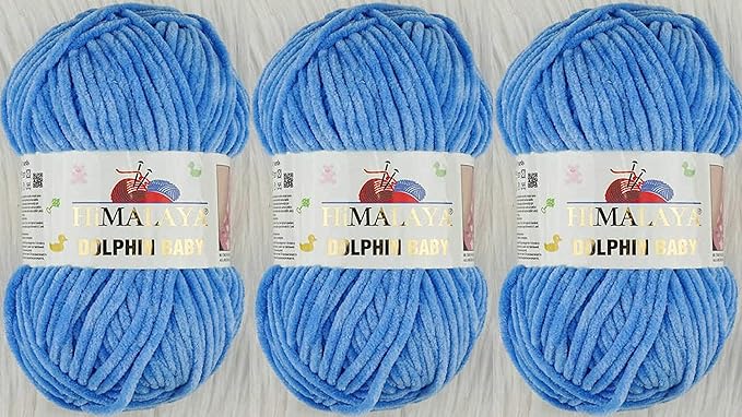 3 Skein/Pack Himalaya Dolphin Baby Chenille Yarn, Each Ball 100 gr (3.5 oz), 120 m (132 Yards), 100% Polyester, Super Bulky Baby Blanket Velvet Amigurumi Yarn, 80327 - Blue