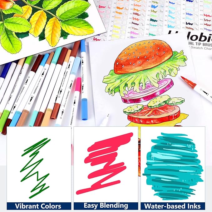 Halobios 120 Dual Tip Art Marker Pens, Color by Number Markers, Professional Brush & Fine Tips Coloring Markers for Student Adults Colouring Book Sketching Drawing Lettering Greeting Cards Gift