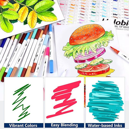 Halobios 120 Dual Tip Art Marker Pens, Color by Number Markers, Professional Brush & Fine Tips Coloring Markers for Student Adults Colouring Book Sketching Drawing Lettering Greeting Cards Gift