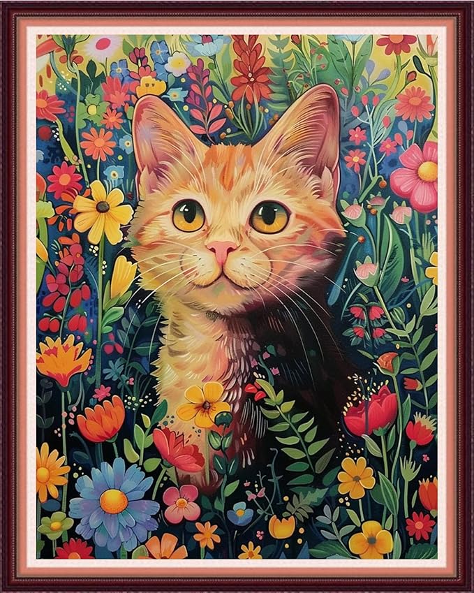 Funxvoot Stamped Cross Stitch Kits for Beginners or Adults Embroidery Starter Patterns | DIY Printed Cross Stitch Kits Needlepoint for Adults -Cat in Flowers 16x20 inch