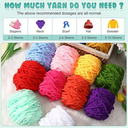 Buryeah 12 Pack Chunky Chenille Yarn for Crocheting Soft Thick Fluffy Yarn for Hand Knitting Bulky Velvet Blanket Plush for Weaving DIY Crafts Each 3.5 oz 55 Yards (Chic Colors)