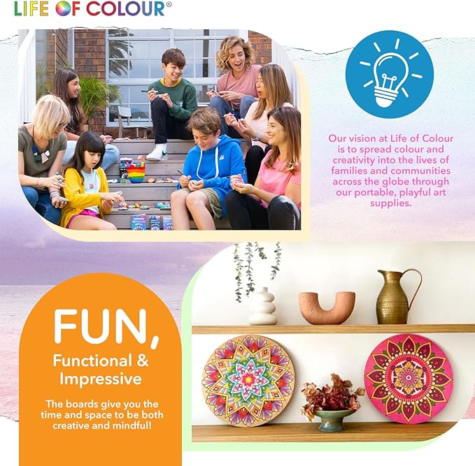 Life of Colour Mandala Painting Kit - Extra Large 15" Color Your Own Beach Engraved Board with 12 Acrylic Paint Pens - Restorative Mandala Art Meets Dramatic Wall Décor, Big 15+ Inch Size