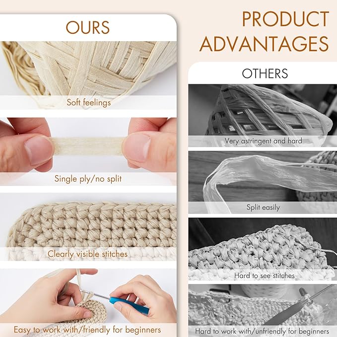 NICEEC 6 Skeins Soft Tape Yarn, Easy Crohcet Raffia, Crochet & Knitting, Paper Ribbon Yarn for DIY Craft Gift Wrapping Total Length 1.76oz×6/109yds×6 - Off-White