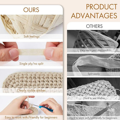NICEEC 6 Skeins Soft Tape Yarn, Easy Crohcet Raffia, Crochet & Knitting, Paper Ribbon Yarn for DIY Craft Gift Wrapping Total Length 1.76oz×6/109yds×6 - Off-White