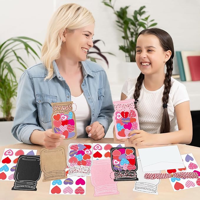 32 Sets Valentine's Day Love Jar Craft Kit DIY Paper Heart in Jar Note Cards and Envelopes Love Hearts Stickers for Valentine's Day Greeting Classroom Activity
