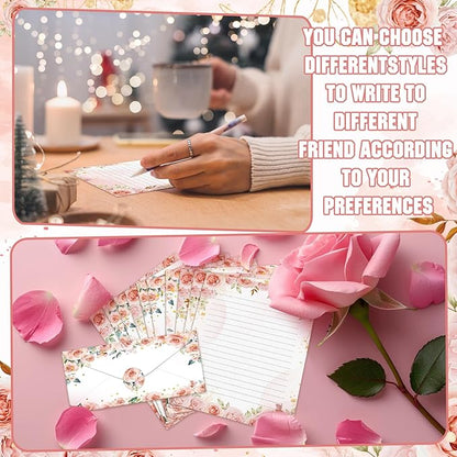 TaoBary 160 Pcs Stationery Paper Set 50 Double Sided Stationery Papers with 50 Matching Envelopes and 60 Round Dot Sticker, 10 Design(Floral,8.5 x 11 Inch)