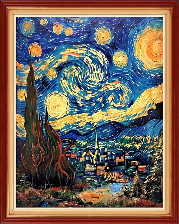 Funchey Stamped Cross Stitch Kits, DIY Cross Stitch Pattern for Adults Beginners Needlepoint Kits Embroidery Kit Arts and Crafts 11CT& Starry Night Interactive Animation 16x20 inchs