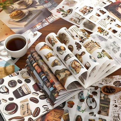 Snycler 2 Books Scrapbooking Stickers - 500 Pre-Cut Washi Stickers & 20 Scrapbook Papers Coffee and People Sticker Books for journaling Scrapbooking Supplies