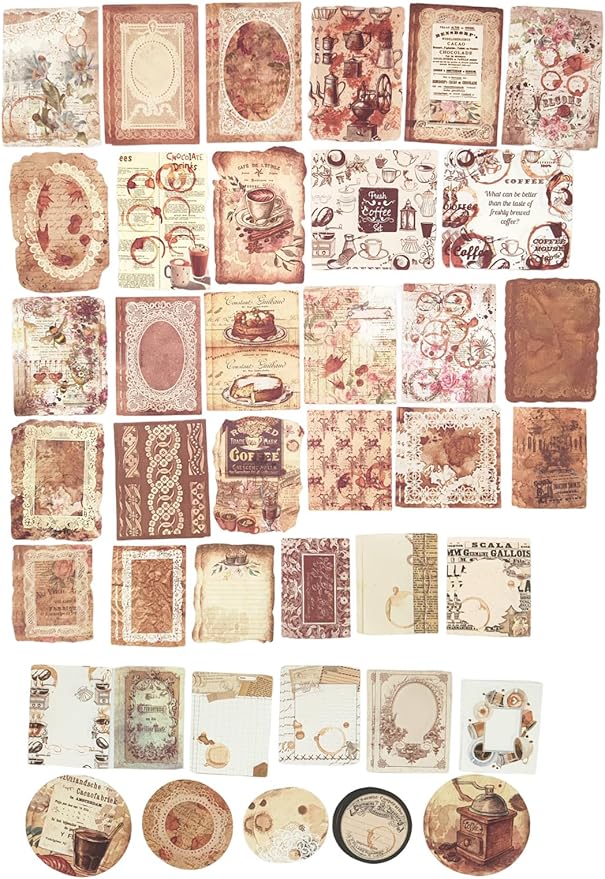 200PCS Vintage Scrapbooking Supplies Pack for Junk Journal Planners Decoupage Paper Scrapbook Stickers Aesthetic Cottagecore Collage Craft Album (Coffee)