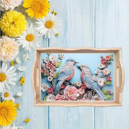 DIY Diamond Art Wooden Tray Kit, Food Tray with Handle Diamond Painted Table Decoration Tray, for Breakfast, Bar Dinner Table Diamond Dots Gem Painting Art Set for Beginners-#40-Bird Flower