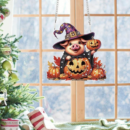 Diamond Art Painting Pendant Kits 5D Diamond Painting Art Hanging Kit Halloween Pumpkin Pig DIY Diamond Crystal Window Door Pendant Kit for Adults Gift Wall Home Halloween Decor (24.1x23.4cm)