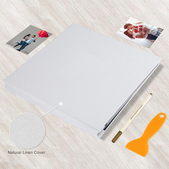 Photo Album Self Adhesive Pages Black Sticky Pages Large Scrapbook Linen Cover for 4x6 5x7 8x10 Pictures Album de Fotos Wedding Couples Baby Family Memory Book, 13.2x12.8 White 40 Pages