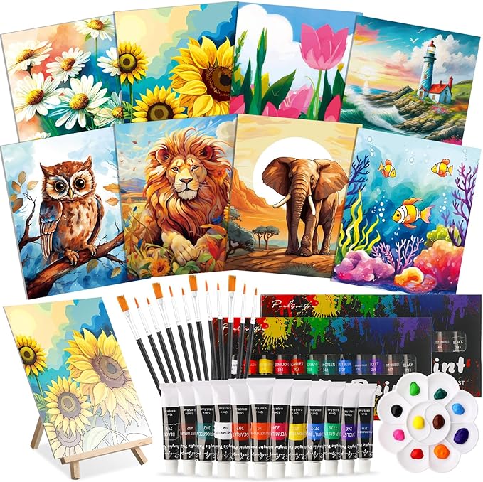 Cholemy 36 Pcs Valentine Paint and Sip Kit for Adults 8''x10'' Pre Drawn Canvas for Painting DIY Afro Acrylic Painting Kit Wood Easel Brushes Date Night Bulk for Party Gifts(Plants Animals)