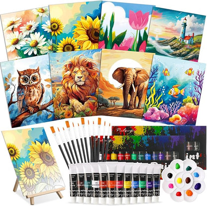 Cholemy 36 Pcs Valentine Paint and Sip Kit for Adults 8''x10'' Pre Drawn Canvas for Painting DIY Afro Acrylic Painting Kit Wood Easel Brushes Date Night Bulk for Party Gifts(Plants Animals)