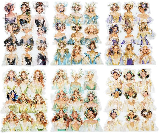 AuriicLeaf Spring Flower Girls PET Stickers Set, 60Pcs Fairy Character Stickers with Holographic Effect for Journaling, Scrapbooking, and DIY Crafts