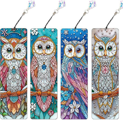 4 Pcs Diamond Painting Bookmarks, Owl DIY 5D Special Shaped Rhinestone Bookmark Kits for Adults, Handmade Diamond Art Bookmark with Tassel Pendant for Reading Gifts