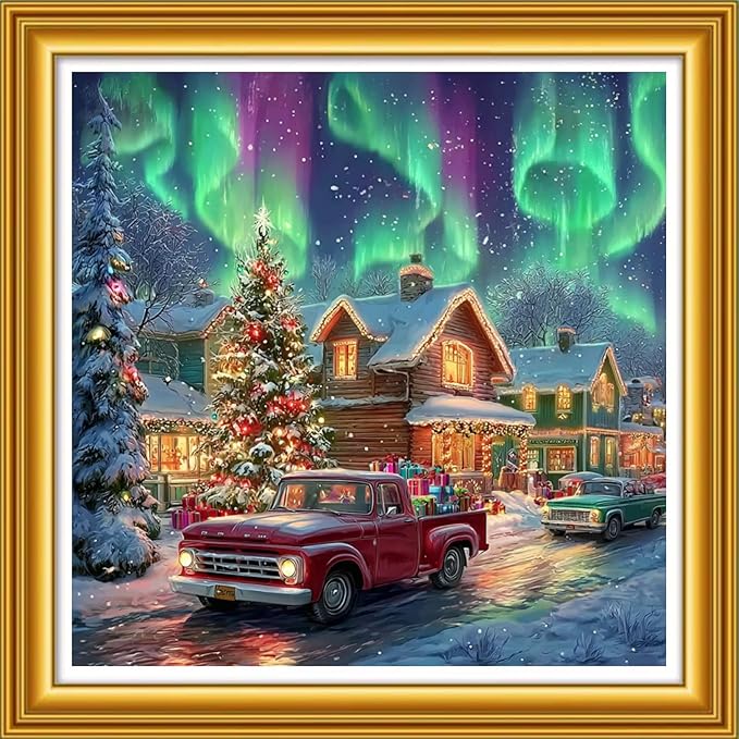 Foxhool Stamped Cross Stitch Kits,11CT Printed Cross Stitch Pattern Full Embroidery Kits for Beginner Needlepoint Kits&Christmas Northern Lights 18x18 inch