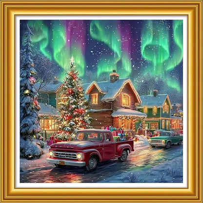 Foxhool Stamped Cross Stitch Kits,11CT Printed Cross Stitch Pattern Full Embroidery Kits for Beginner Needlepoint Kits&Christmas Northern Lights 18x18 inch