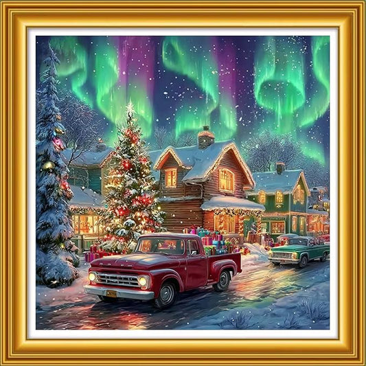 Foxhool Stamped Cross Stitch Kits,11CT Printed Cross Stitch Pattern Full Embroidery Kits for Beginner Needlepoint Kits&Christmas Northern Lights 18x18 inch