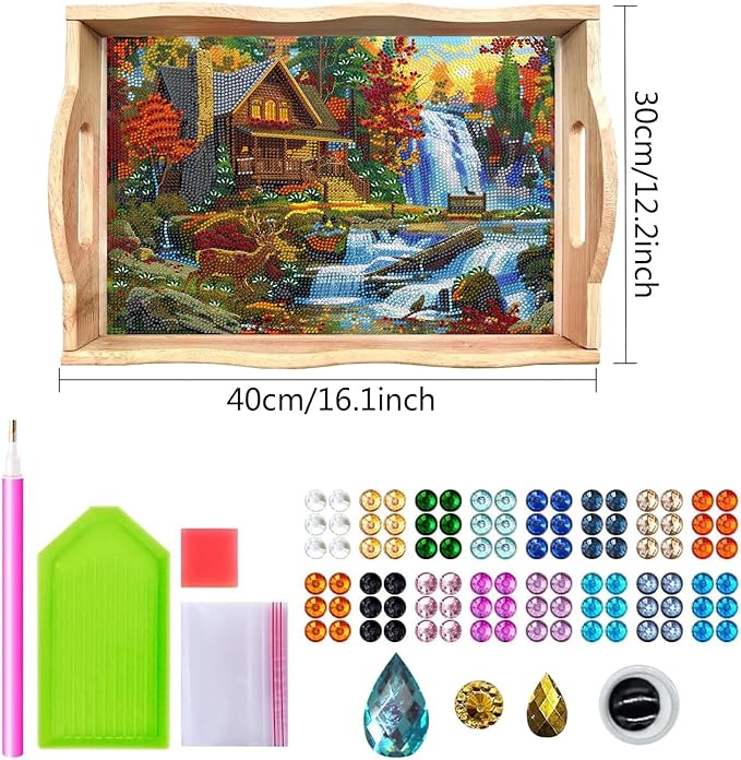 DOTSOPS 5D Diamond Art Kits for Adults Wooden Serving Tray with Handle Special Diamond Painting Plate Big Gem Dots Paint by Numbers Crafts Kits for Living Room Log Cabin 12 x 16 Inches