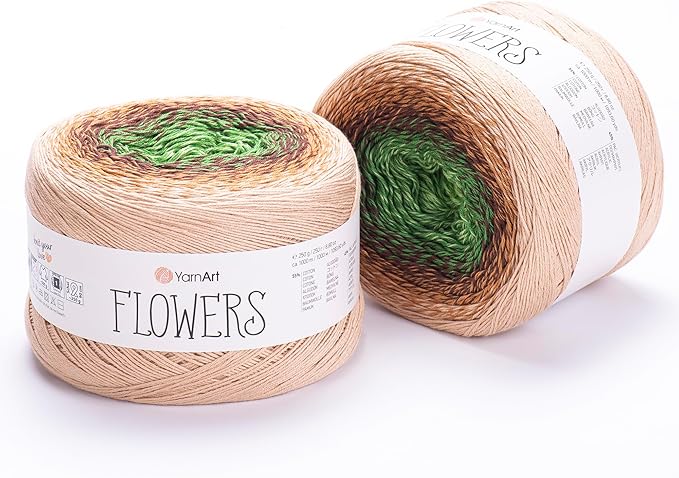 2 Skein/Pack Yarnart Flowers Gradient Yarn, Each Ball 8.8 Oz (250gr) / 1094 Yards (1000m), 55% Cotton 45% Acrylic, Superfine Fingering Weight for Knitting and Crochet, 308 - Brown Green