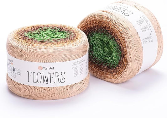 2 Skein/Pack Yarnart Flowers Gradient Yarn, Each Ball 8.8 Oz (250gr) / 1094 Yards (1000m), 55% Cotton 45% Acrylic, Superfine Fingering Weight for Knitting and Crochet, 308 - Brown Green