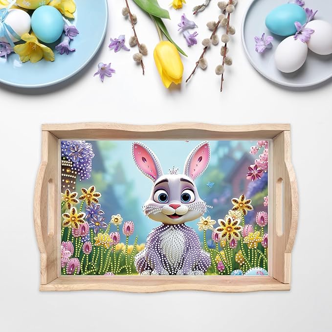 DIY Diamond Art Wooden Tray Kit, Food Tray with Handle Diamond Painted Table Decoration Tray, for Breakfast, Bar Dinner Table Diamond Dots Gem Painting Art Set for Beginners-#39-Easter Bunny
