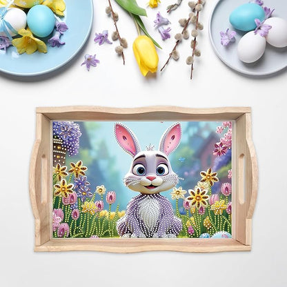 DIY Diamond Art Wooden Tray Kit, Food Tray with Handle Diamond Painted Table Decoration Tray, for Breakfast, Bar Dinner Table Diamond Dots Gem Painting Art Set for Beginners-#39-Easter Bunny