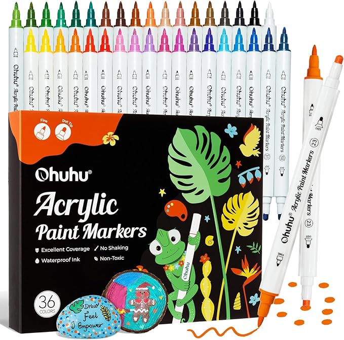 Ohuhu Acrylic Paint Markers Dual Tips: 36 Colors Fine & Dot Paint Pens High Opacity Acrylic Markers Waterproof Lightfast for Christmas Gifts Rock Painting 3D Prints Egg Wood Glass Ceramic DIY Crafts