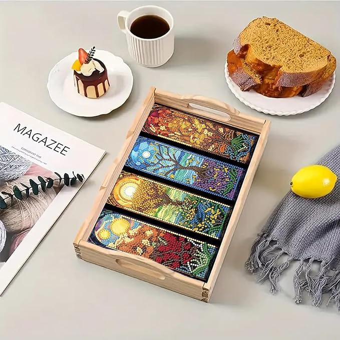 DoxQcs DIY Diamond Art Wooden Tray Kit Easter Food Tray with Handle Diamond Painted Table Decoration Tray for Breakfast Bar Dinner Table Diamond Art Painting for Beginners-#15-Four Seasons Scenery