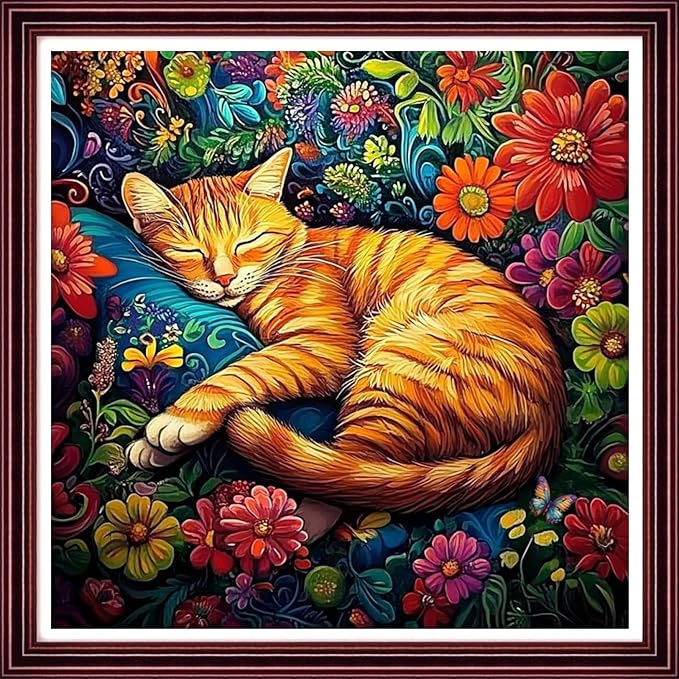 DMCCRAFT Stamped Cross Stitch Kits for Adults 11CT Printed Cross-Stitch Patterns Embroidery Kits Easy Cross Stitching Needlepoint Kits Crossstitch-Cat Flowers 18x18 inch
