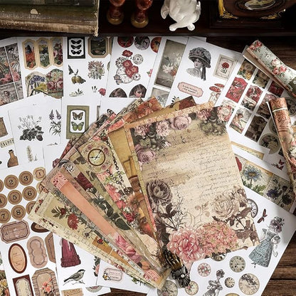 Prstincol Vintage Aesthetic Washi Stickers and Papers for Scrapbooking, 40 Sheets Ephemera Book for Art Journaling with Flower Butterfly Beauty Theme Stickers and Decoupage Papers for Junk Journal